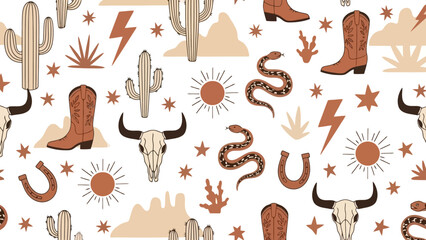 A whimsical desert-themed seamless pattern featuring cowboy boots, cacti, bull skulls, snakes, horseshoes, and sun motifs in a warm, earthy color palette. © May