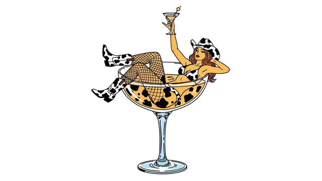 A woman in a cow-print bikini and cowboy hat relaxes in a giant martini glass filled with a bubbly drink.