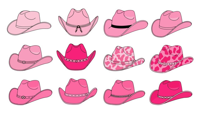 A collection of twelve pink cowboy hats with various designs and embellishments.