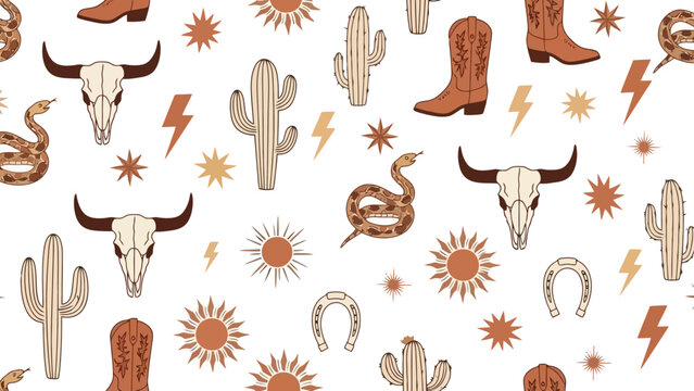 A whimsical desert-themed pattern featuring cowboy boots, cacti, bull skulls, snakes, horseshoes, and sunbursts on a white background.
