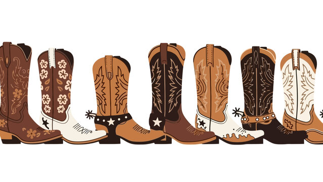 A row of various cowboy boots with intricate stitching and designs, showcasing different styles and colors.