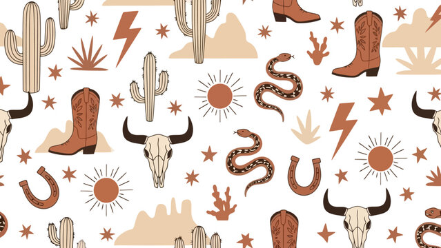 A whimsical desert-themed seamless pattern featuring cowboy boots, cacti, bull skulls, snakes, horseshoes, and sun motifs in a warm, earthy color palette.