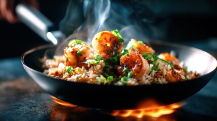 An appetizing image of delicious stir-fried shrimp on rice, garnished and releasing steam, showcasing culinary artistry and enticing flavors in an engaging food presentation.