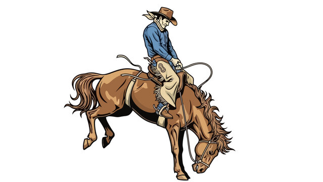 A cowboy riding a bucking bronco horse in a rodeo event, illustration.