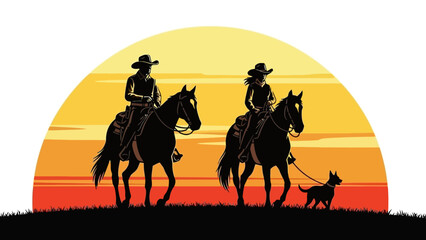 Silhouette of two cowboys and a dog on horseback against a vibrant sunset sky.