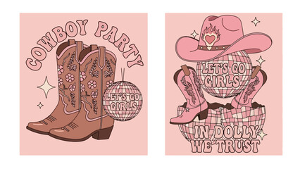 Aesthetic pink cowboy party graphics featuring cowboy boots, disco balls, and country music-inspired text.