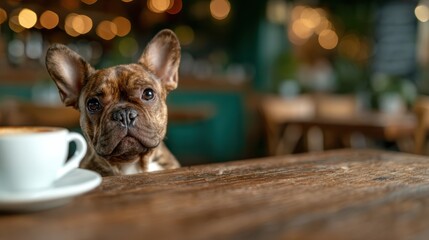 A heartwarming image of a French Bulldog sitting at a table beside a coffee cup, showcasing a cozy café atmosphere filled with warm light and inviting decor.