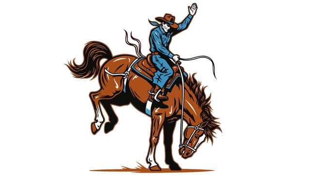 Illustration of a cowboy riding a bucking bronco horse with a lasso in the air.