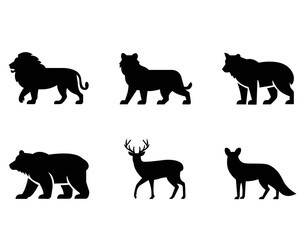 Fototapeta premium Wild Animal Silhouettes Set – Lion, Bear, Deer, Fox Black Vector Icons