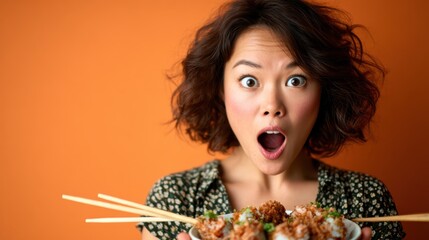A young woman expressing excitement while holding a plate of sushi and chopsticks, highlighting the joy of savoring delicious food in a vibrant setting full of energy.