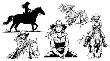 Fototapeta premium Collection of black and white illustrations featuring cowgirls in various poses on and around horses.