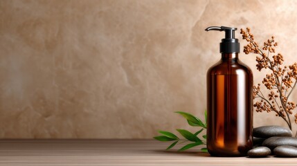 A serene composition featuring a brown bottle, stones, and natural elements evokes a feeling of tranquility, ideal for natural product promotions and wellness imagery on stock platforms.