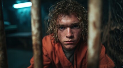Obraz premium A young man stares directly at the camera from behind bars, capturing a moment of reflection that conveys themes of isolation, struggle, and the human spirit.