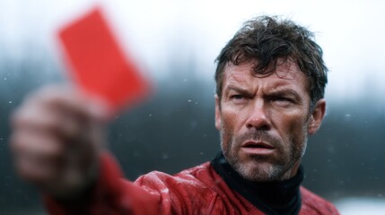 A stern-faced referee in a red jacket brandishes a red card against a rainy backdrop, portraying authority and the emotional stakes of a competitive sports moment.