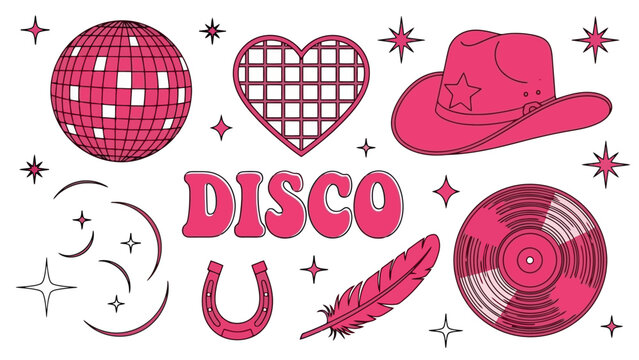 A vibrant collection of retro disco-themed graphic elements including a disco ball, heart, cowboy hat, and vinyl record.