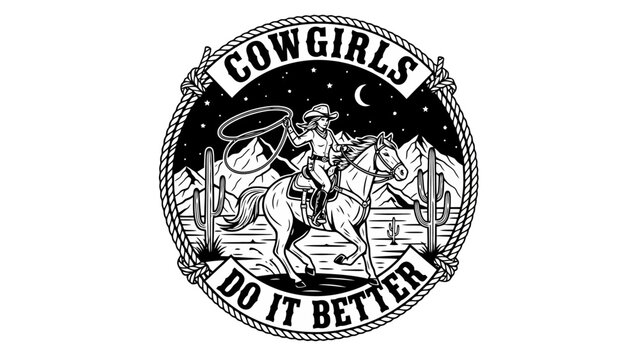 Black and white illustration of a cowgirl riding a horse, roping, with text.