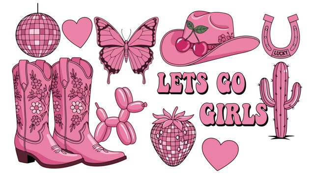 A vibrant collection of pink-themed Western and party elements, including cowboy boots, a disco ball, a cowboy hat, and the phrase "Lets Go Girls".