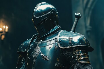 Naklejka premium Knight in shining armor stands guard in a dimly lit medieval castle chamber