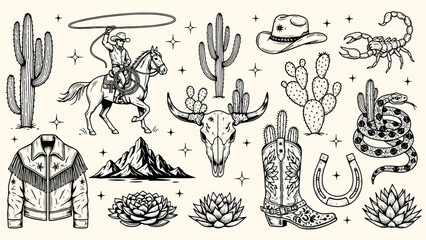 Black and white illustration of cowboy elements, including cacti, a cowboy, and other western symbols. © Keira