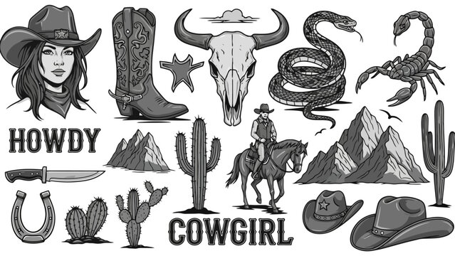 Collection of monochrome western-themed illustrations, including cowgirl, cowboy hat, boots, and desert elements.
