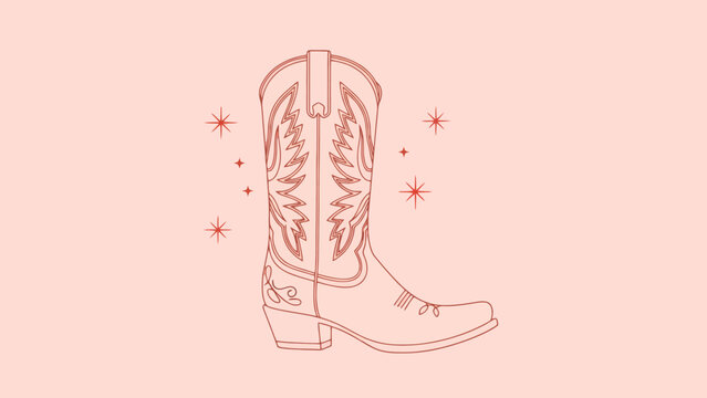 A minimalist line drawing of a single cowboy boot with decorative stitching and sparkles on a pale pink background.