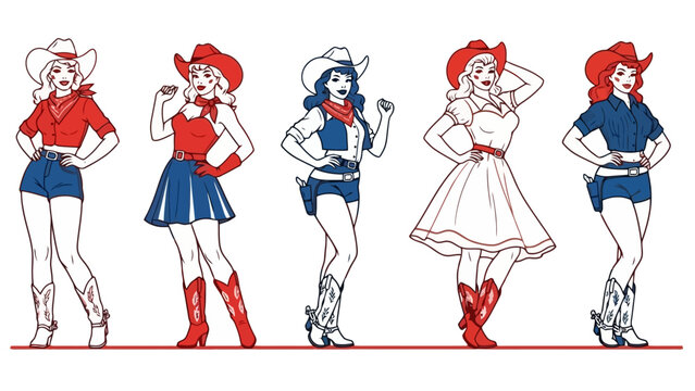 Five cowgirl illustrations in different outfits, showcasing various styles and colors with a vintage aesthetic.