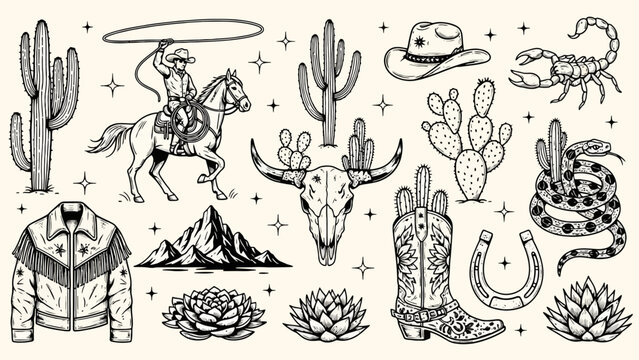 Black and white illustration of cowboy elements, including cacti, a cowboy, and other western symbols.