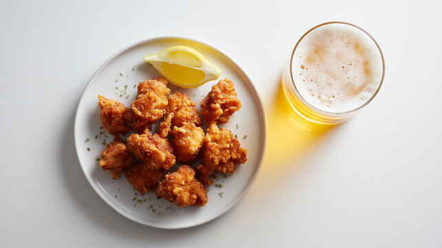 真上から白い皿に唐揚げを配し、白背景でビールとレモンを整然と置いた昼