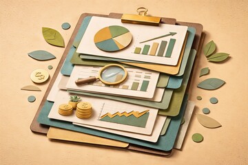 Naklejka premium Analytical representation of financial growth with layered charts and coins showcasing innovative data visualization and strategic insights captured with clarity