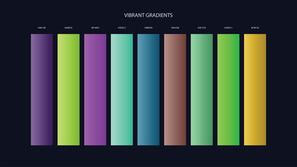 Obraz premium Vibrant Gradient Color Palette Swatches with HEX Codes for UI and Branding on Dark Background