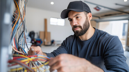 Electrician installing EV charger power line conduit inside residential garage, no vehicle branding visible, emphasis on future-ready infrastructure rather than cars, clean modern