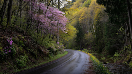 Fototapeta premium 山桜が点在する新緑の山道の俯瞰景