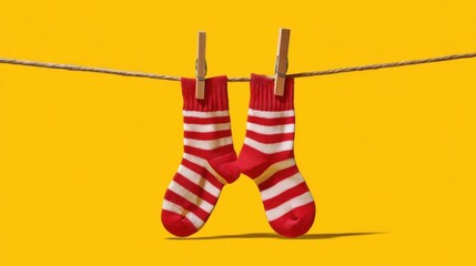 Small red socks with white stripes hang on a clothesline using wooden clothespins against a vibrant yellow background,