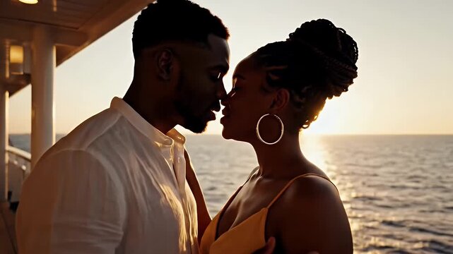 Romantic African American Couple Embracing on Cruise Ship Balcony at Sunset.