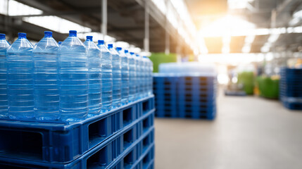 Industrial warehouse with stacked blue bottled water crates, natural light streaming through large windows, mass production and distribution emphasis, healthy hydration products, d