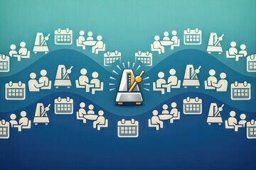 Obraz premium Creative collaboration design featuring calendar symbols and a metronome to symbolize time management and team synergy in a fluid, modernized workspace environment