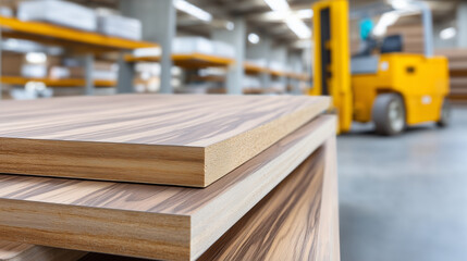 Engineered wood panels with rich wood grain patterns, neatly stacked in factory warehouse, forklifts and shelves visible in background defocused, with copy space