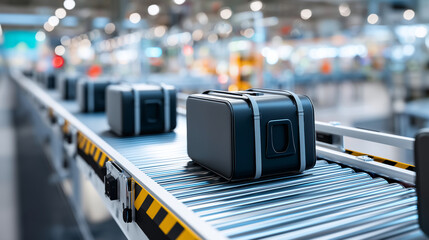 Automated warehouse conveyor belt carrying sleek black totes gliding smoothly through brightly lit industrial plant, robotic arms sorting packages, fast e-business, defocused equip