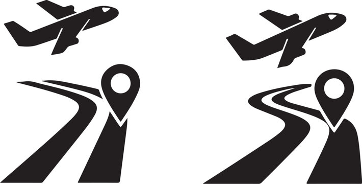 Airplane flight path and location pin icons set for travel navigation