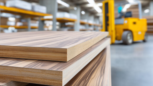 Engineered wood panels with rich wood grain patterns, neatly stacked in factory warehouse, forklifts and shelves visible in background defocused, with copy space