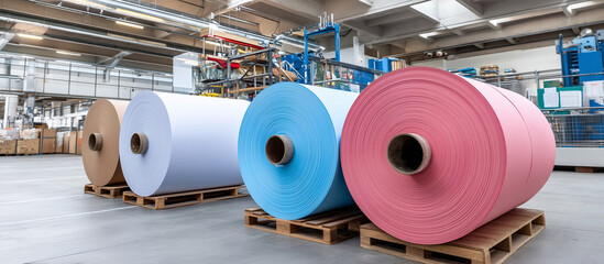 Industrial close-up of freshly printed paper rolls with smooth glossy surfaces, layers of pink white and blue paper shining under fluorescent lights, stacked on wooden pallets, wit