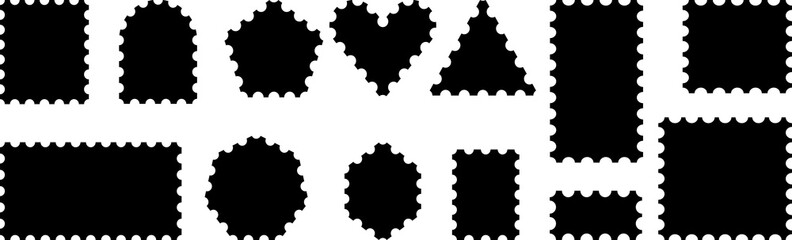Post stamp frames or borders. Round, square, triangle template for mail, postcard, letter. Jagged edge form or object for banner, badge, sticker. 