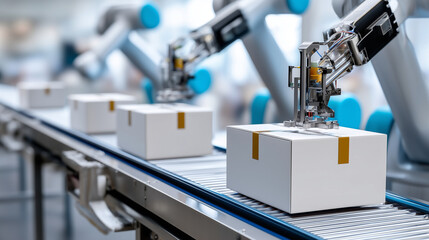 Boxes of sterile medical equipment gliding along conveyor, worker swiftly sealing them faceless, robotic arms and labeling machines active, defocused background, with copy space