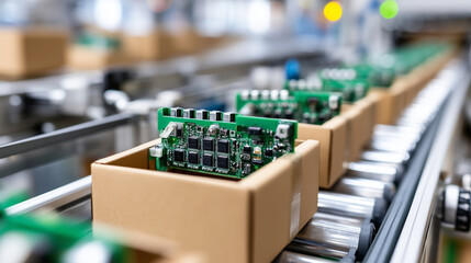 Industrial packing line, cardboard boxes filled with glossy green circuit boards, black microchips reflecting light, manufacturing environment, realism and detail, defocused backgr