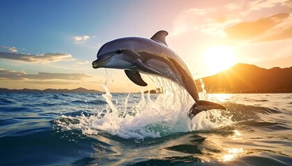A playful dolphin leaps from ocean water as the sun sets. Mountains are visible in the distance. The sky is partially covered by clouds