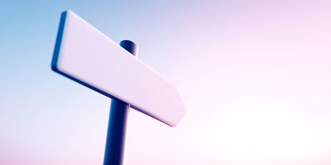 Minimalist blank directional signpost points toward bright optimistic future sky