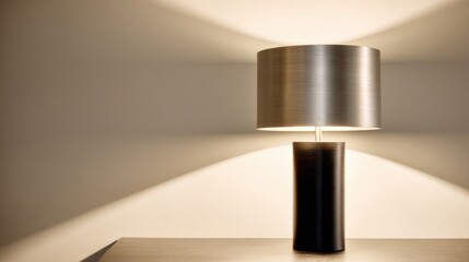 A modern table lamp with a cylindrical dark base and metallic lampshade casts a warm glow on a wooden surface,