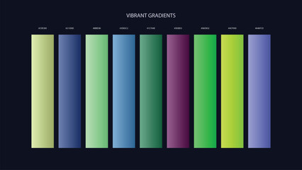 Fototapeta premium Vibrant Gradient Color Palette Swatches with HEX Codes for UI and Branding on Dark Background