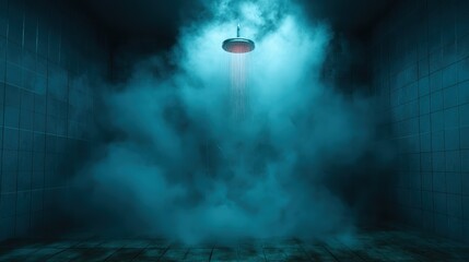 A captivating image of misty steam falling from a shower in a dimly lit room, creating a sense of mystery and tranquility, evoking a feeling of relaxation and escape.