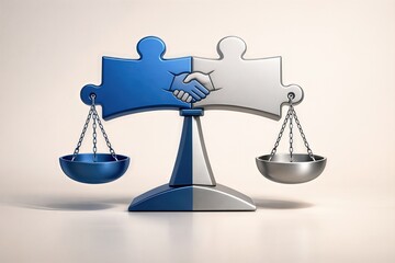 Conceptual representation of balance and partnership illustrated through a puzzle piece handshake on a scale symbolizing equity and cooperation in a collaborative environment